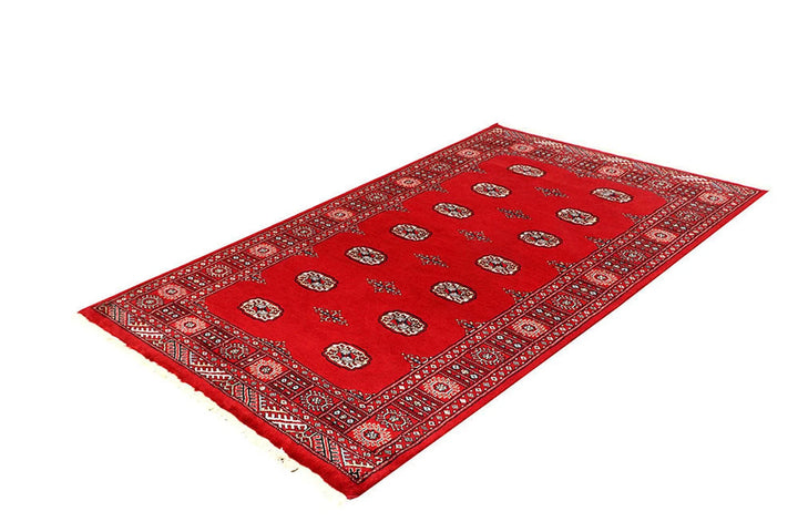 Red Pakistani Bokhara Rug 4' 1" x 6' 9" Hand-Knotted | No. QA34448