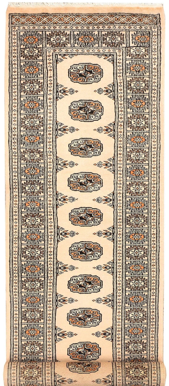 Ivory Pakistani Bokhara Rug 2' 6" x 10' 3" Hand-Knotted | No. QA34853