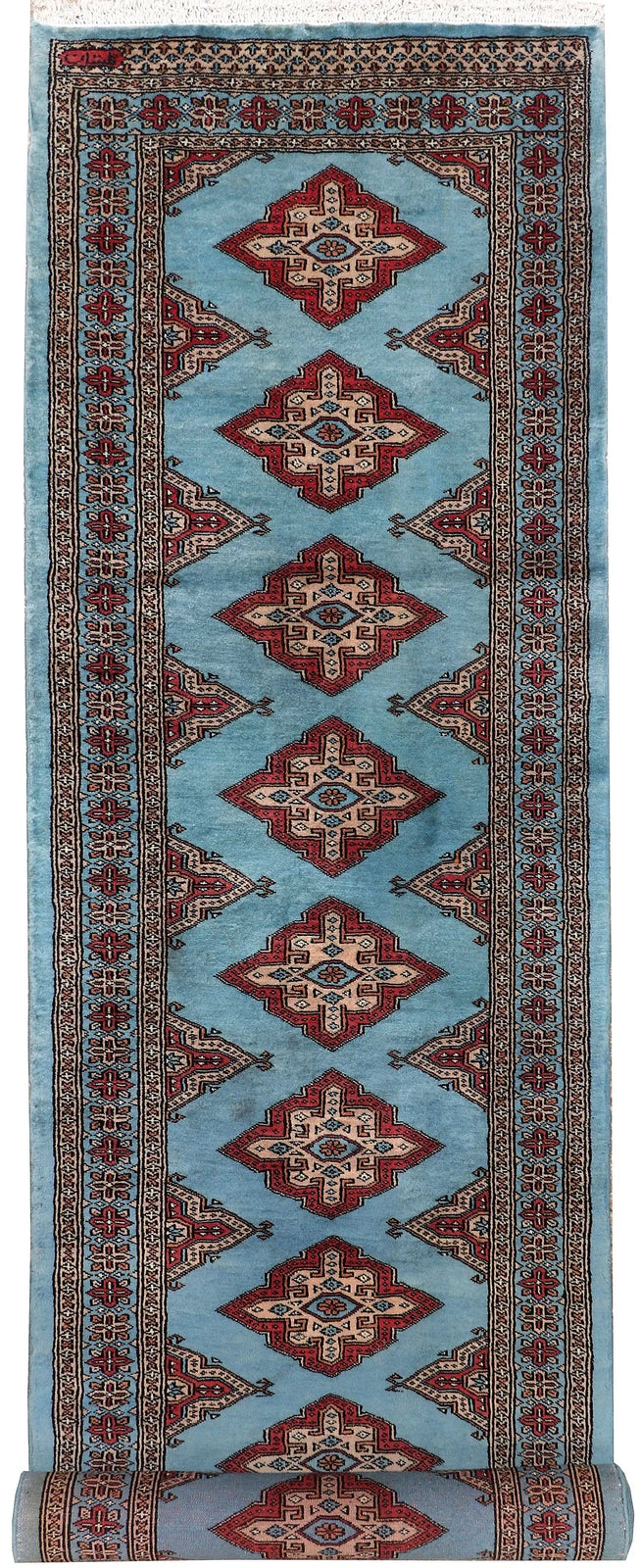 Light Sky Blue Pakistani Jaldar Rug 2' 7" x 9' 11" Hand-Knotted | No. QA35812