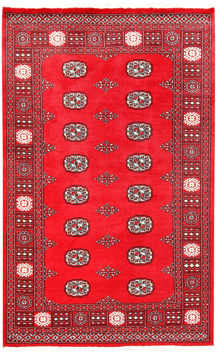 Red Pakistani Bokhara Rug 4' 1" x 6' 6" Hand-Knotted | No. QA35858