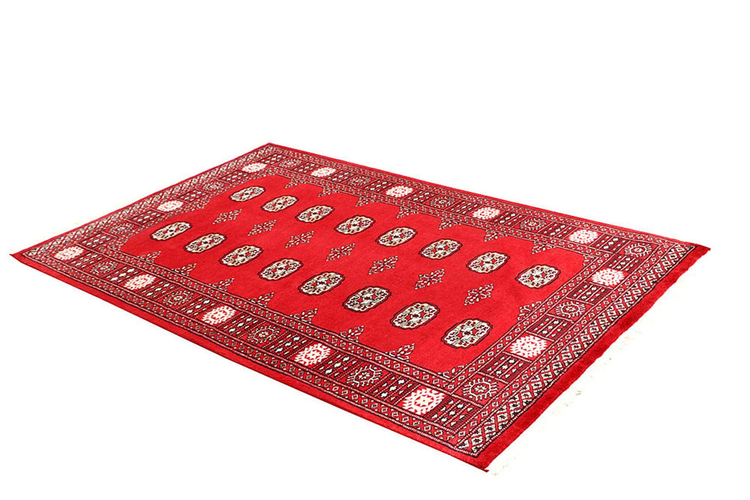 Red Pakistani Bokhara Rug 4' 1" x 6' 6" Hand-Knotted | No. QA35858