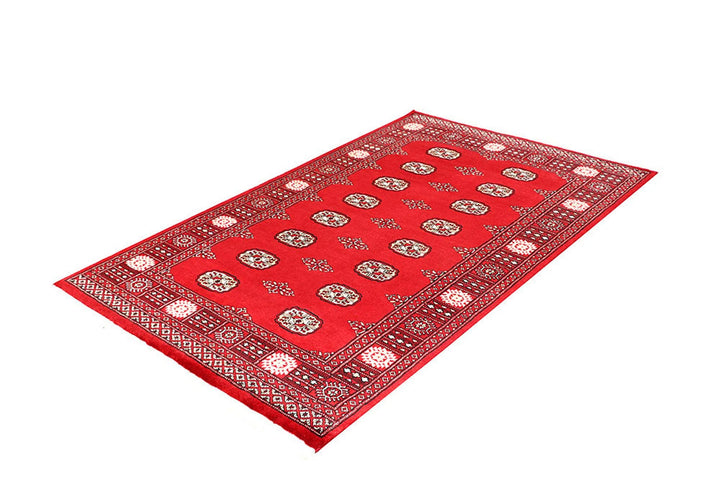 Red Pakistani Bokhara Rug 4' 1" x 6' 6" Hand-Knotted | No. QA35858