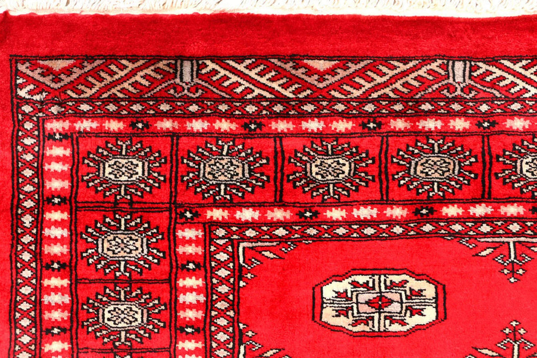 Red Pakistani Bokhara Rug 4' 7" x 5' 11" Hand-Knotted | No. QA36154