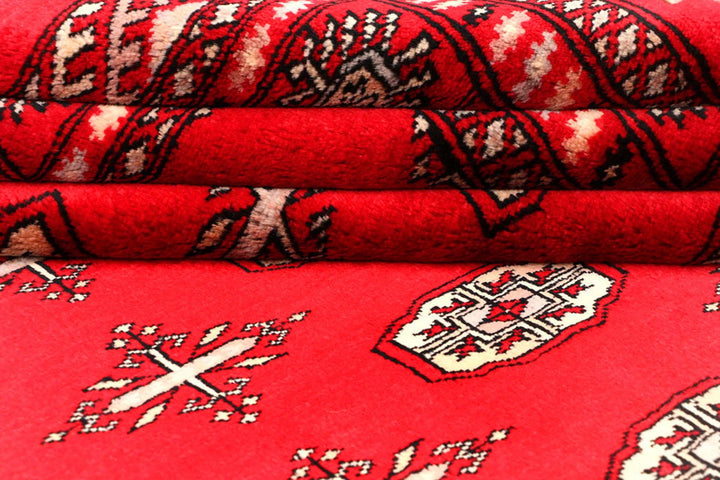 Red Pakistani Bokhara Rug 4' 7" x 5' 11" Hand-Knotted | No. QA36154