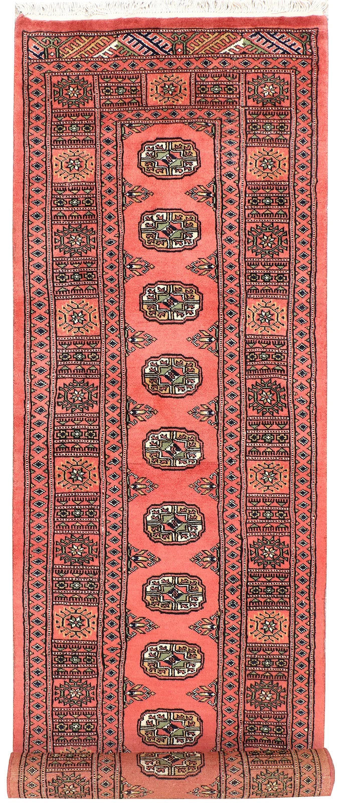 Salmon Pakistani Bokhara Rug 2' 6" x 10' Hand-Knotted | No. QA36407