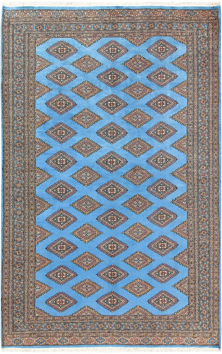 Light Sky Blue Pakistani Jaldar Rug 5' 2" x 8' 1" Hand-Knotted | No. QA38689
