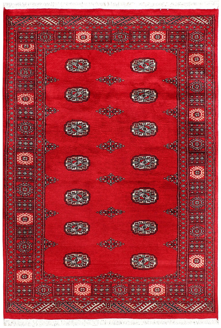 Red Pakistani Bokhara Rug 4' 2" x 6' 2" Hand-Knotted | No. QA38811