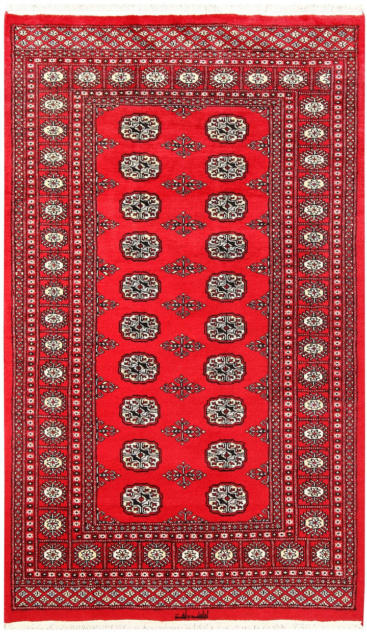 Red Pakistani Bokhara Rug 4' x 6' 8" Hand-Knotted | No. QA39955