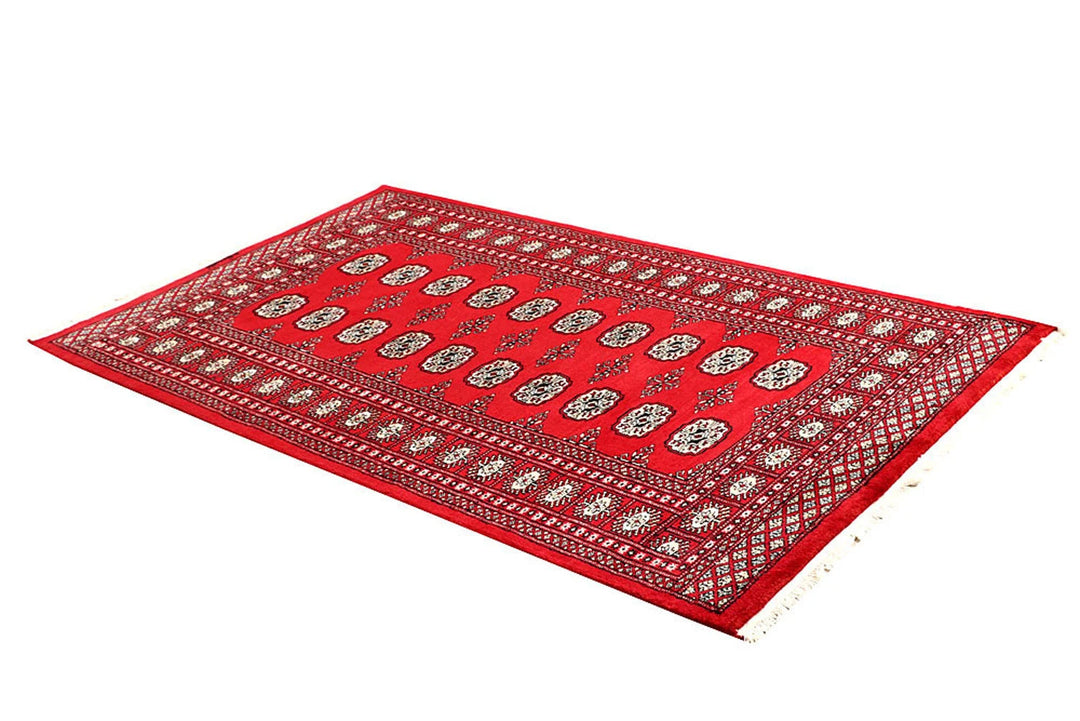 Red Pakistani Bokhara Rug 4' x 6' 8" Hand-Knotted | No. QA39955