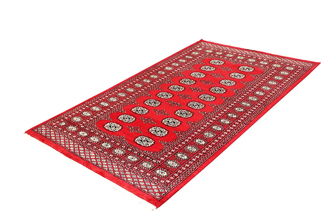 Red Pakistani Bokhara Rug 4' x 6' 8" Hand-Knotted | No. QA39955