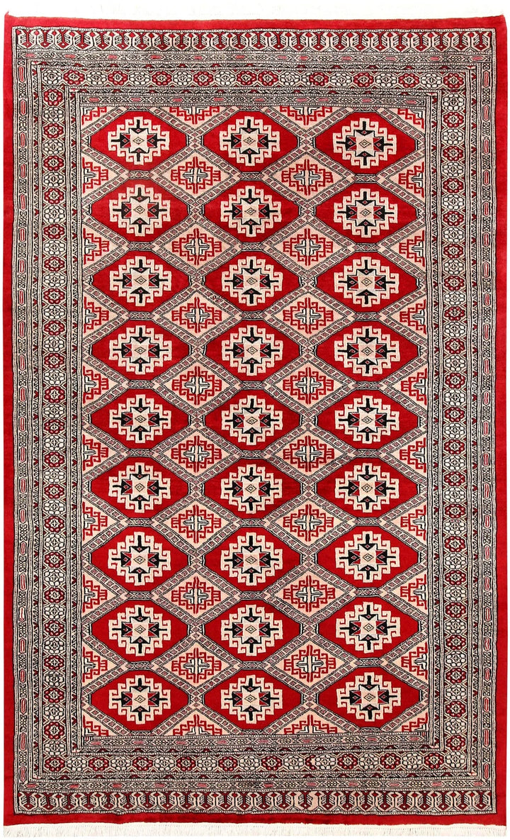 Red Pakistani Jaldar Rug 5' 1" x 8' 2" Hand-Knotted | No. QA40920