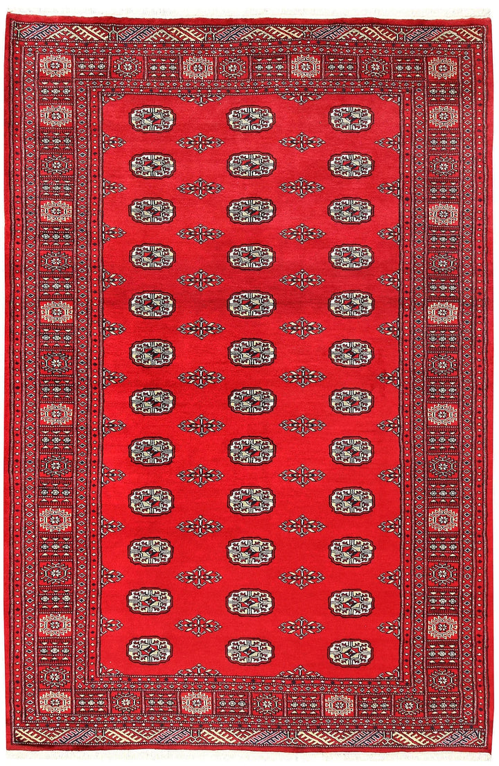 Red Pakistani Bokhara Rug 5' 7" x 8' 3" Hand-Knotted | No. QA40994
