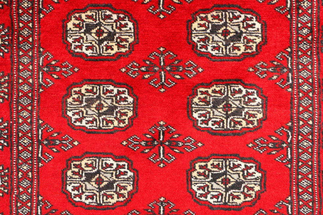 Red Pakistani Bokhara Rug 3' x 5' 2" Hand-Knotted | No. QA41197