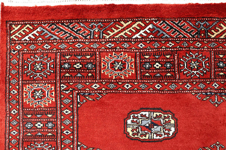 Orange Red Pakistani Bokhara Rug 4' 2" x 6' Hand-Knotted | No. QA42347