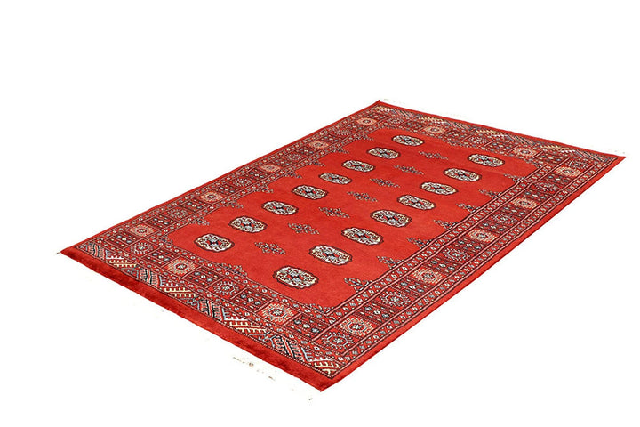 Orange Red Pakistani Bokhara Rug 4' 2" x 6' Hand-Knotted | No. QA42347