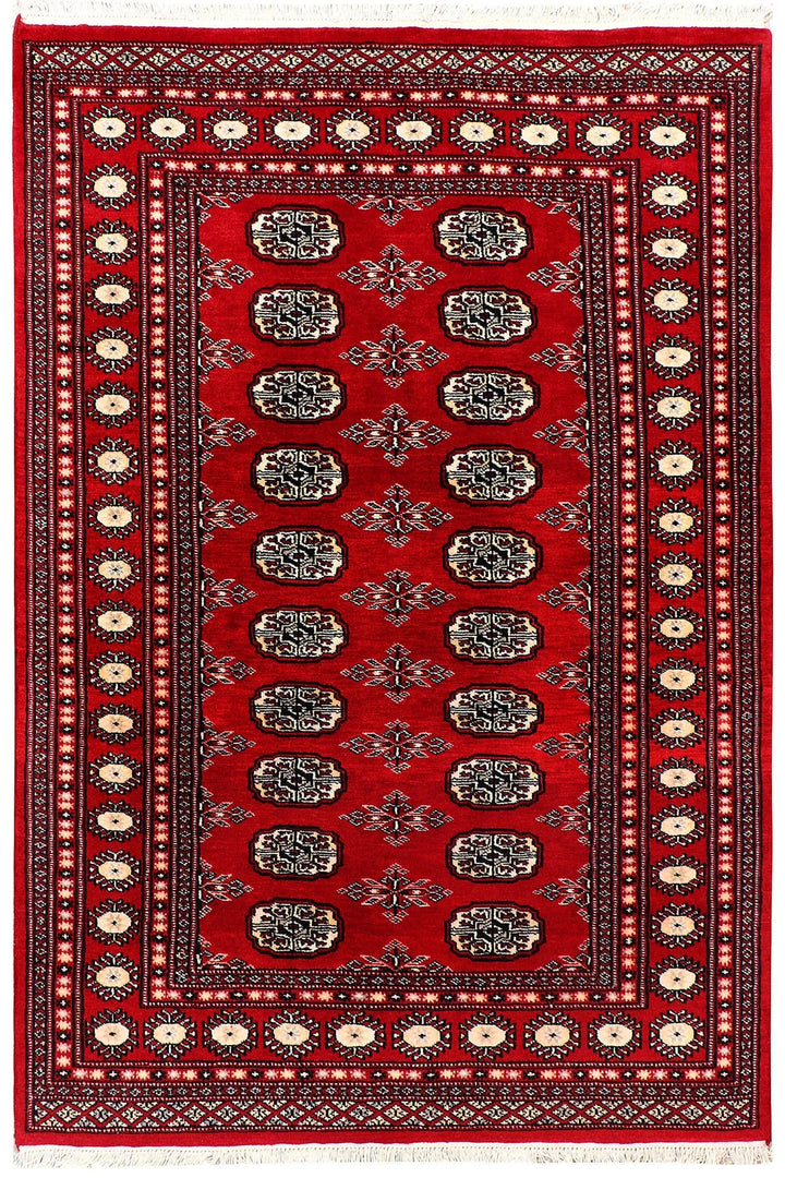 Red Pakistani Bokhara Rug 4' x 5'10" Hand-Knotted | No. QA42729
