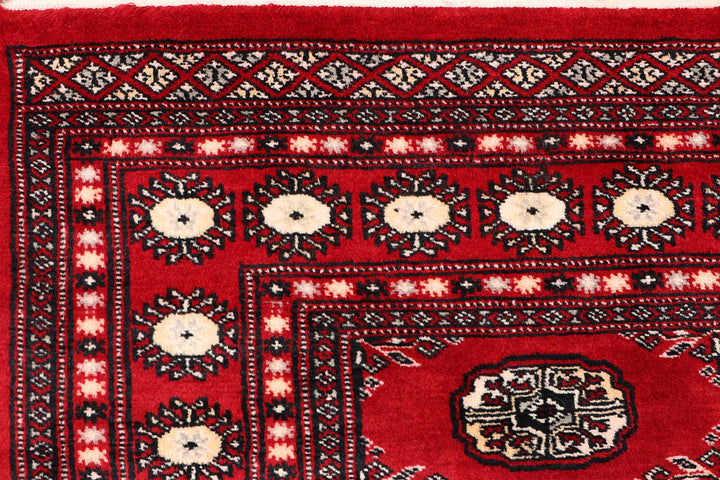 Red Pakistani Bokhara Rug 4' x 5'10" Hand-Knotted | No. QA42729
