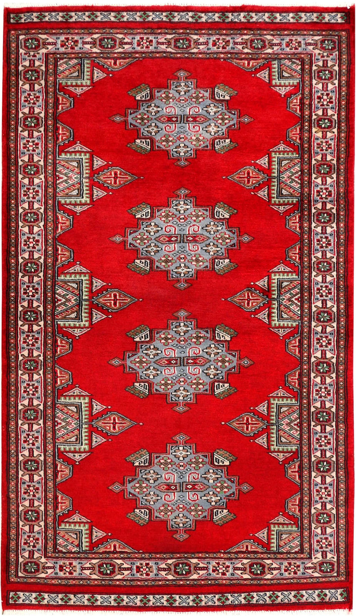 Red Pakistani Bokhara Rug 3' 3" x 5' 8" Hand-Knotted | No. QA43512