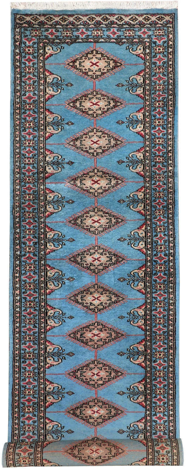 Light Blue Pakistani Jaldar Rug 2' 7" x 10' 5" Hand-Knotted | No. QA44223