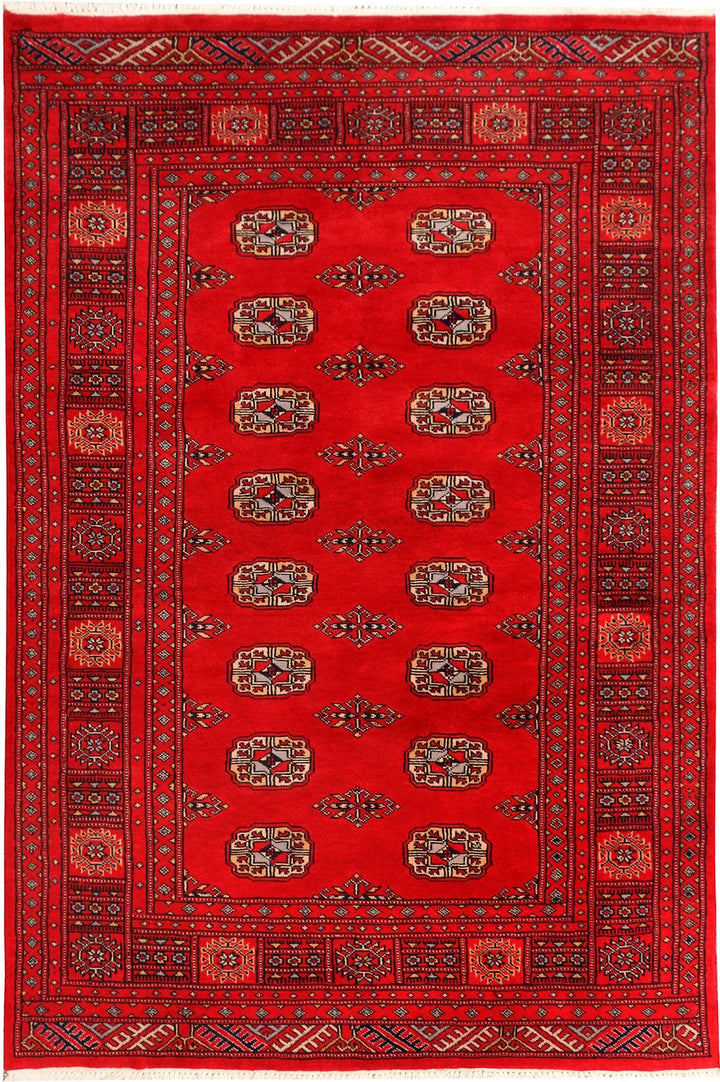 Red Pakistani Bokhara Rug 4' x 6' Hand-Knotted | No. QA44511