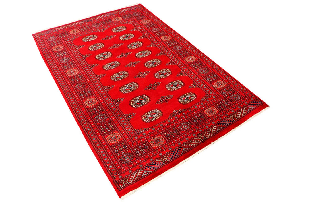 Red Pakistani Bokhara Rug 4' x 6' Hand-Knotted | No. QA44511
