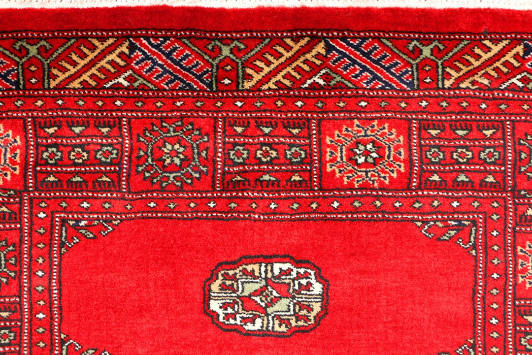 Red Pakistani Bokhara Rug 3' x 5' 5" Hand-Knotted | No. QA45793