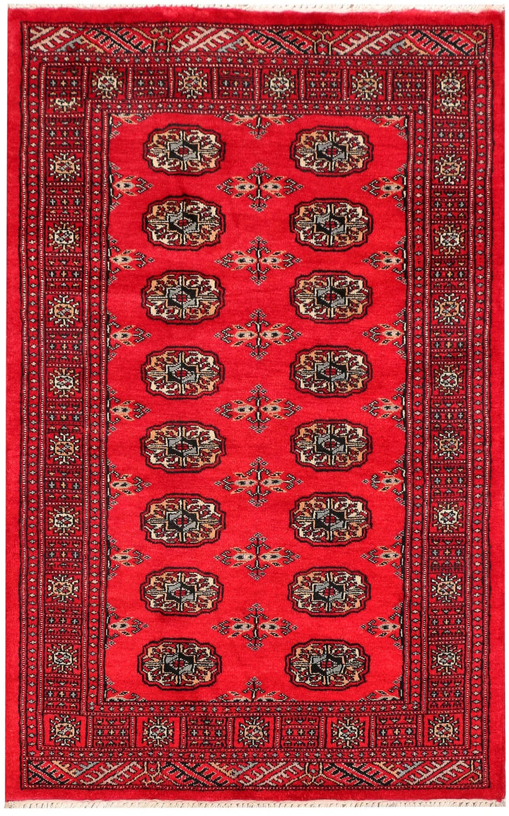 Red Pakistani Bokhara Rug 3' 1" x 5' Hand-Knotted | No. QA46252