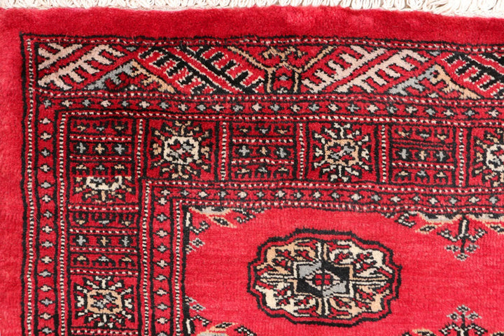 Red Pakistani Bokhara Rug 3' 1" x 5' Hand-Knotted | No. QA46252