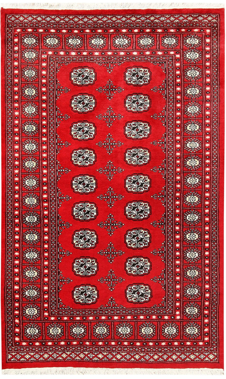 Red Pakistani Bokhara Rug 4' 2" x 6' 8" Hand-Knotted | No. QA47148