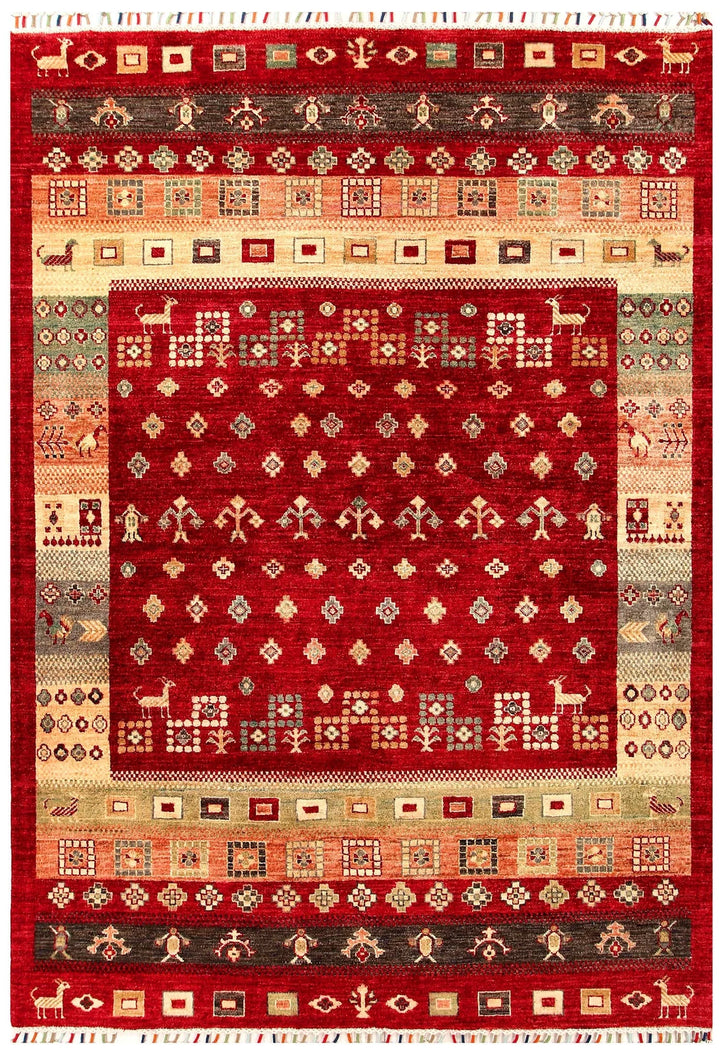 Red Pakistani Gabbeh Rug 5' 5" x 7' 8" Hand-Knotted | No. QA47335
