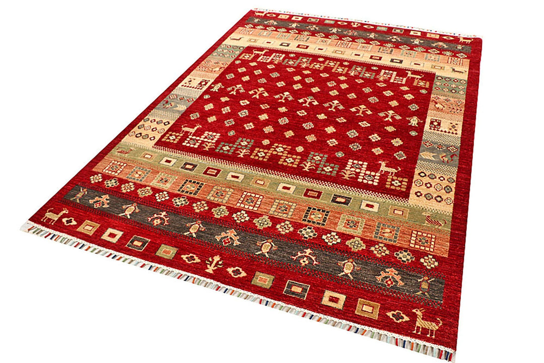 Red Pakistani Gabbeh Rug 5' 5" x 7' 8" Hand-Knotted | No. QA47335