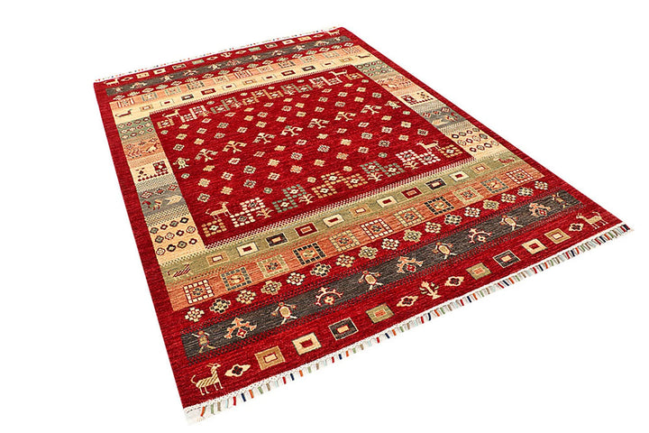 Red Pakistani Gabbeh Rug 5' 5" x 7' 8" Hand-Knotted | No. QA47335