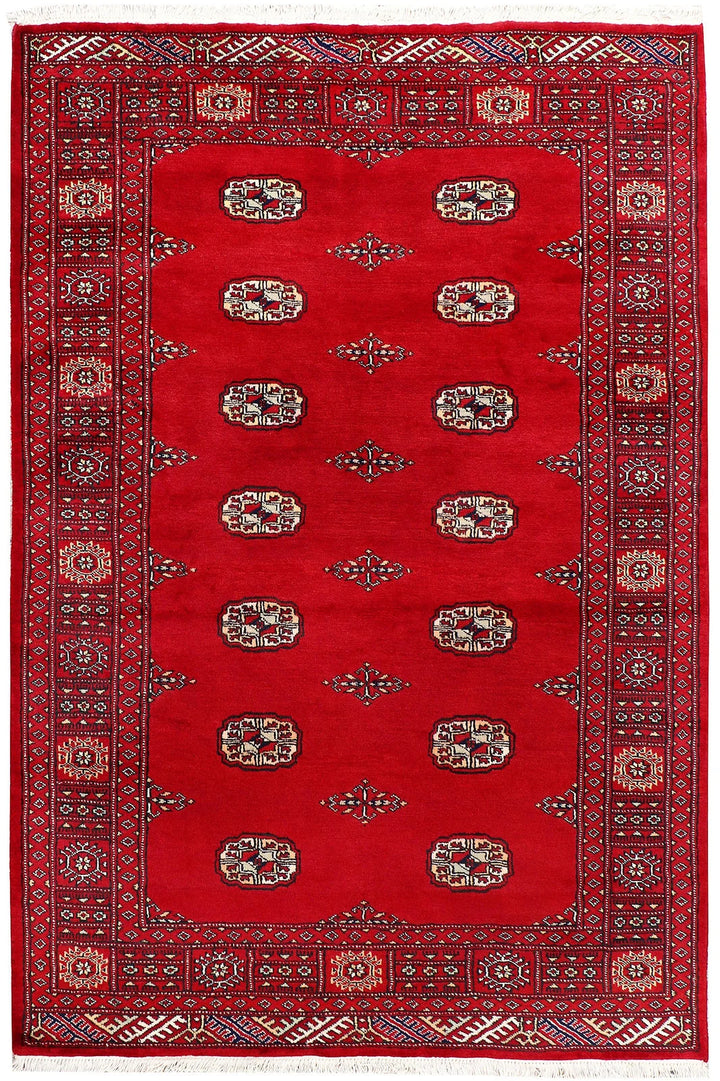 Red Pakistani Bokhara Rug 4' 1" x 6' 1" Hand-Knotted | No. QA47356
