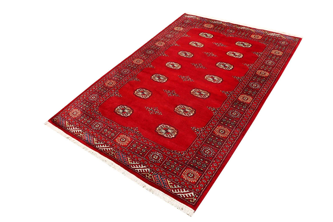 Red Pakistani Bokhara Rug 4' 1" x 6' 1" Hand-Knotted | No. QA47356