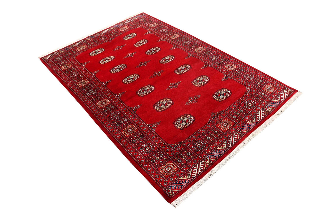 Red Pakistani Bokhara Rug 4' 1" x 6' 1" Hand-Knotted | No. QA47356