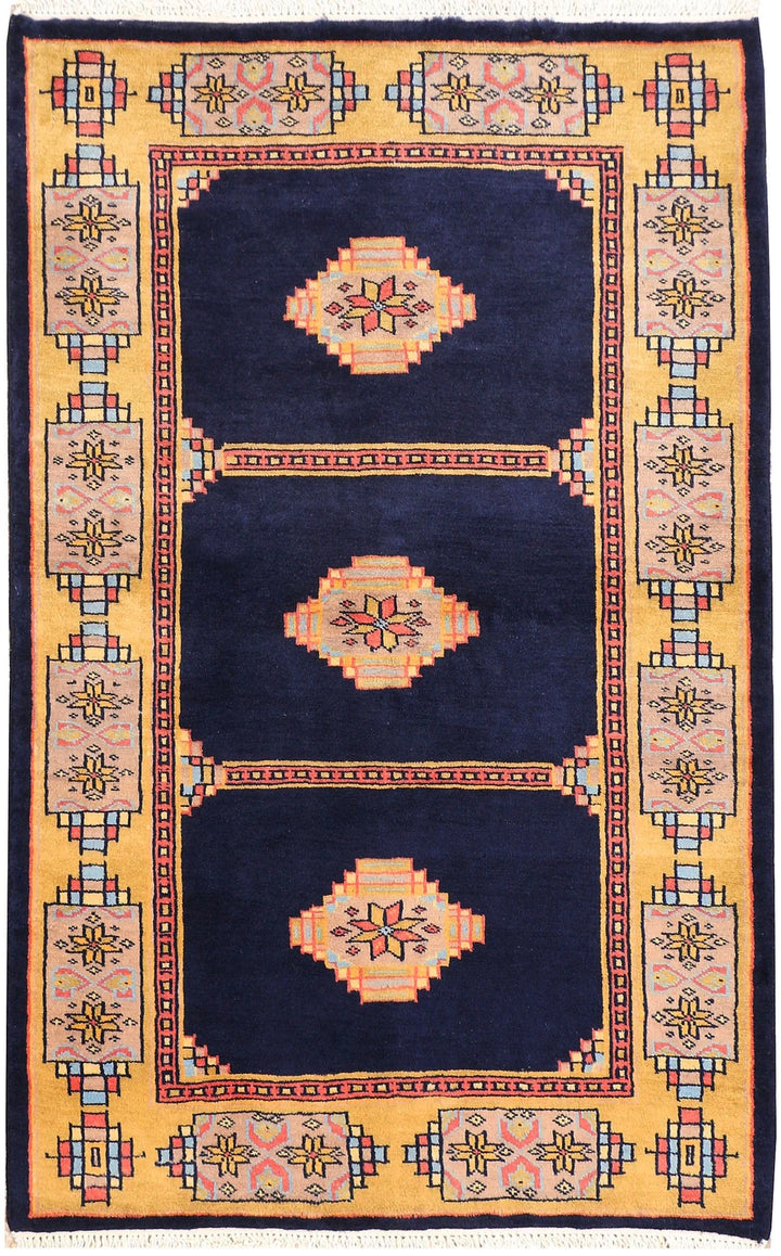 Midnight Blue Pakistani Jaldar Rug 2' 7" x 4' Hand-Knotted | No. QA47444