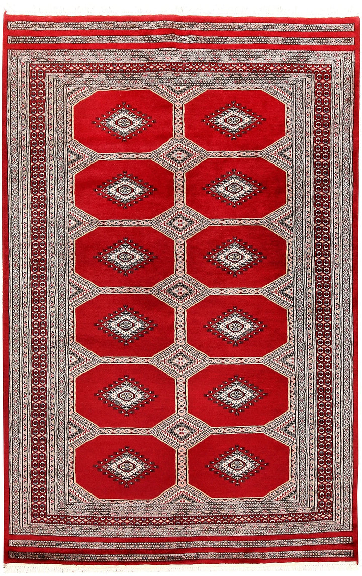 Firebrick Red Pakistani Jaldar Rug 4' 7" x 7' 1" Hand-Knotted | No. QA47755