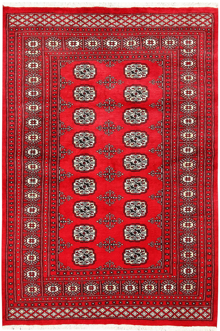 Red Pakistani Bokhara Rug 4' 1" x 6' 1" Hand-Knotted | No. QA49265