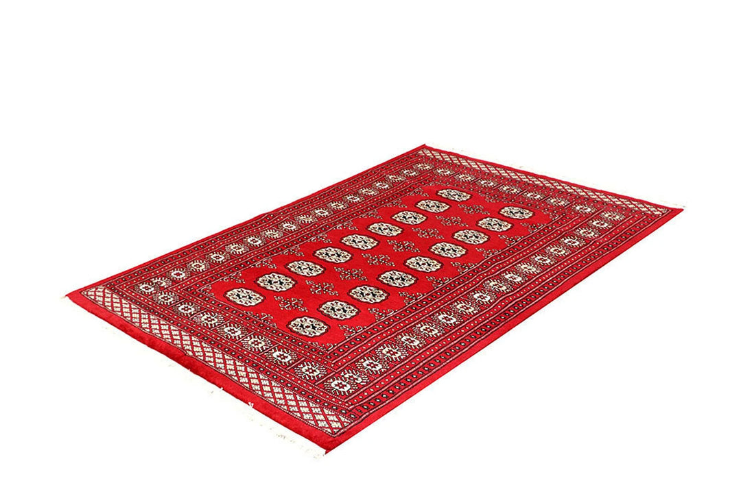 Red Pakistani Bokhara Rug 4' 1" x 6' 1" Hand-Knotted | No. QA49265