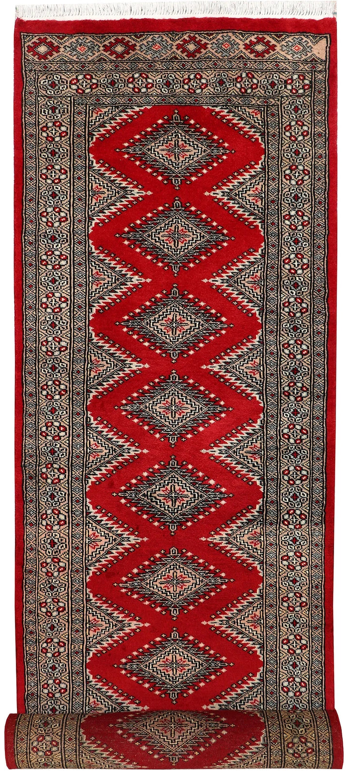 Red Pakistani Bokhara Rug 2' 6" x 10' 8" Hand-Knotted | No. QA49406
