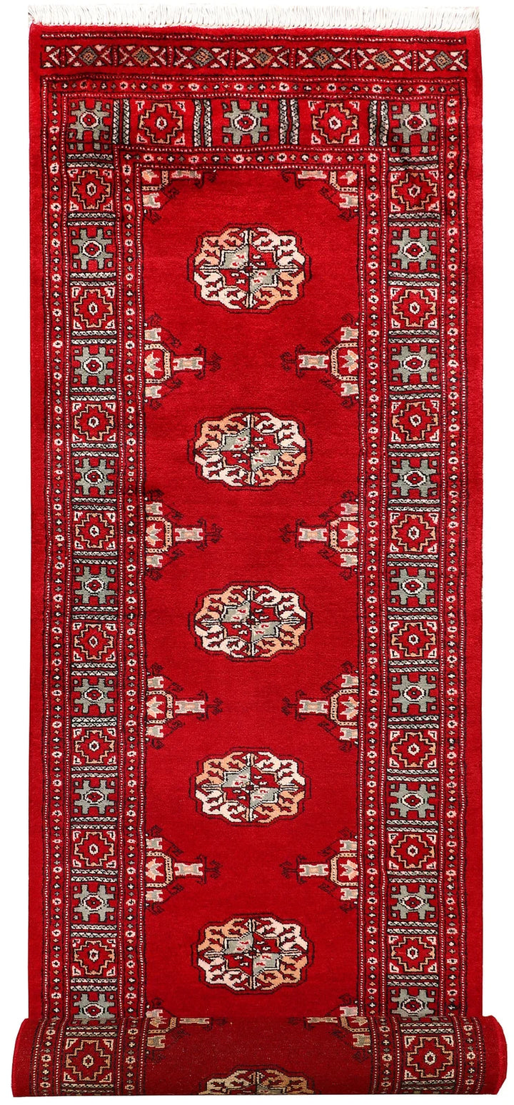 Red Pakistani Bokhara Rug 2' 5" x 9' 7" Hand-Knotted | No. QA49926