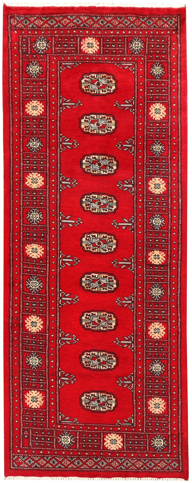 Red Bokhara Rug 2' 6" x 6' 5" Hand-Knotted | No. QA50060