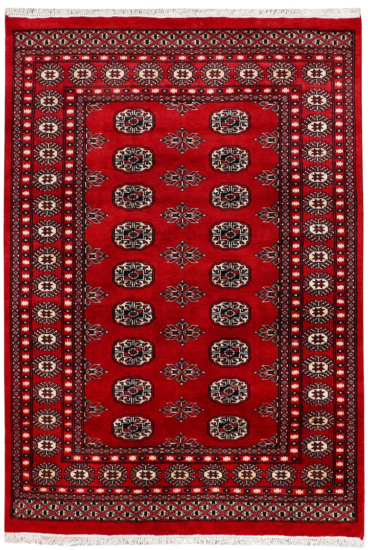 Red Pakistani Bokhara Rug 4' 1" x 5' 11" Hand-Knotted | No. QA50615
