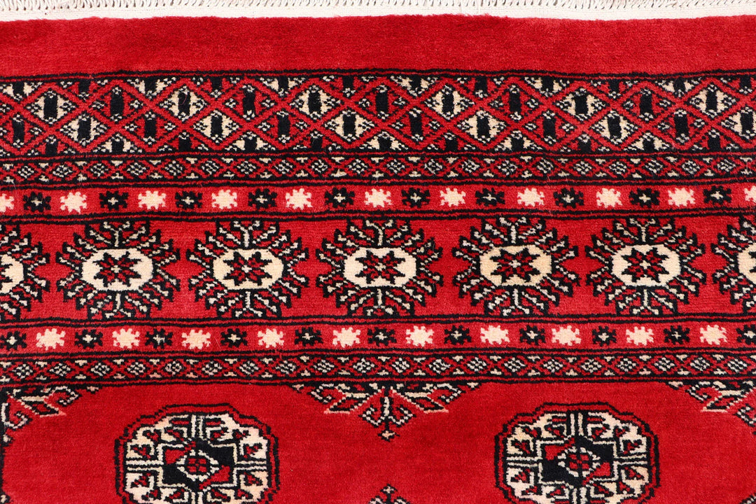 Red Pakistani Bokhara Rug 4' 1" x 5' 11" Hand-Knotted | No. QA50615