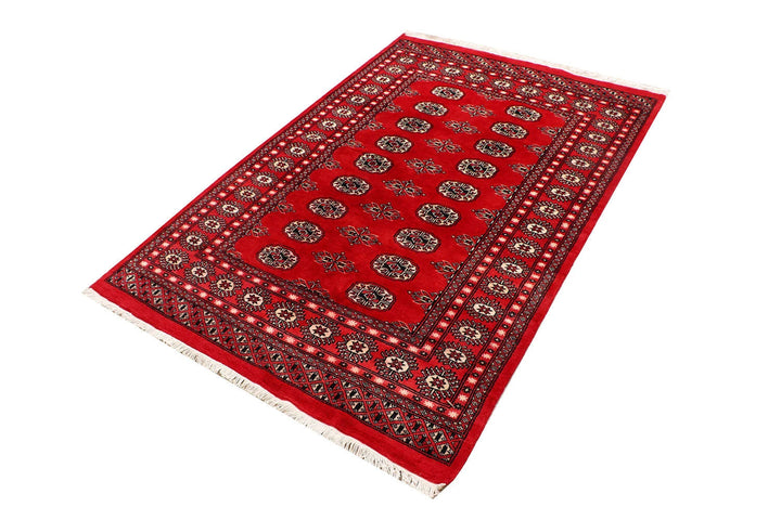 Red Pakistani Bokhara Rug 4' 1" x 5' 11" Hand-Knotted | No. QA50615