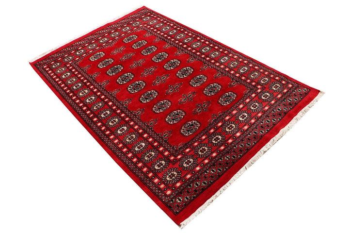 Red Pakistani Bokhara Rug 4' 1" x 5' 11" Hand-Knotted | No. QA50615