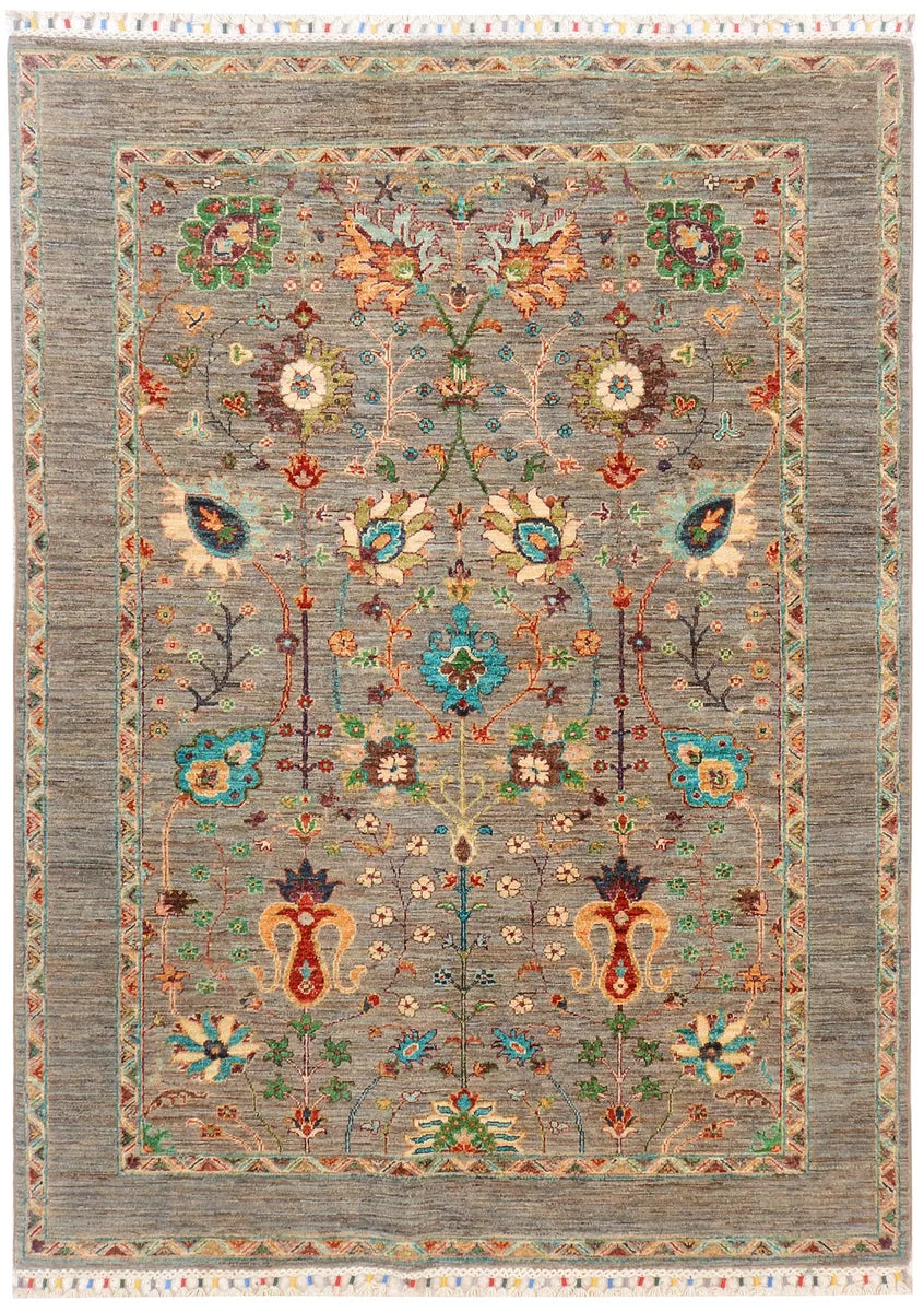 Grey Afghan Kazak Rug 4' 11" x 6' 9" Hand-Knotted | No. QA50858