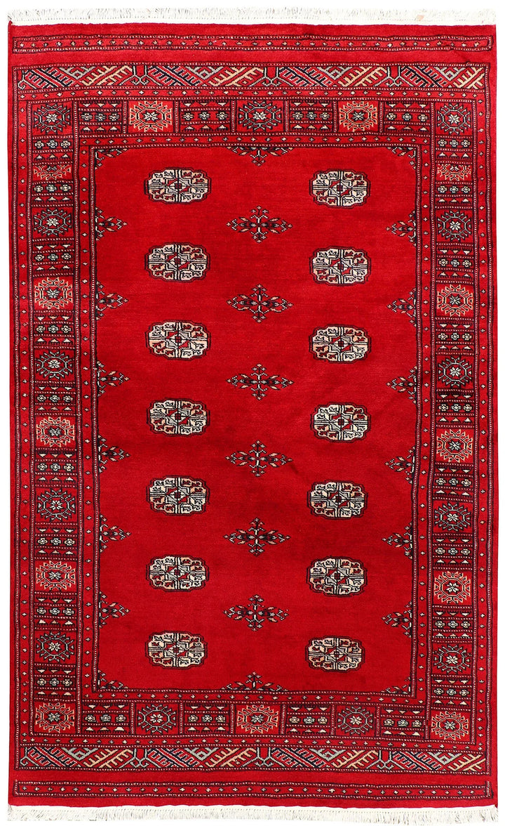 Red Pakistani Bokhara Rug 4' 1" x 6' 4" Hand-Knotted | No. QA50879