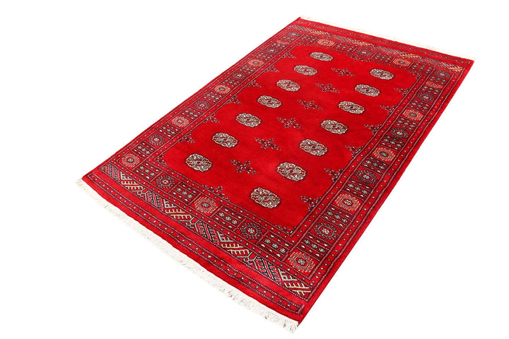 Red Pakistani Bokhara Rug 4' 1" x 6' 4" Hand-Knotted | No. QA50879