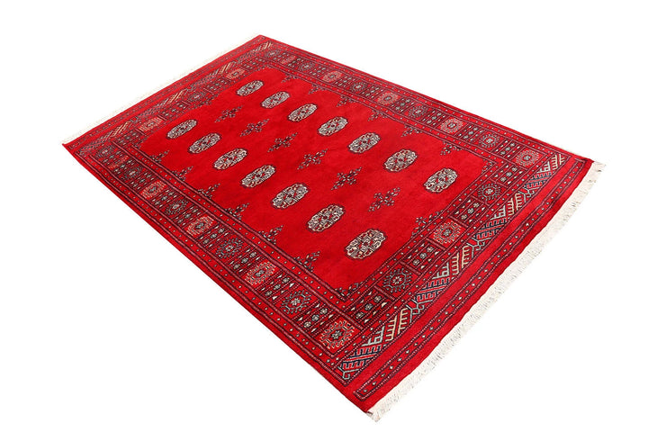 Red Pakistani Bokhara Rug 4' 1" x 6' 4" Hand-Knotted | No. QA50879